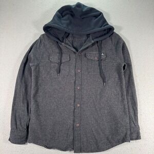 Quiksilver Hooded Flannel‎ Shirt Mens Small Gray Flap Pockets Surf Skate Comfort